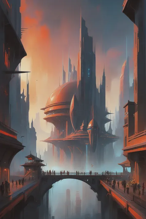 a painting of a futuristic city with a bridge and a bridge