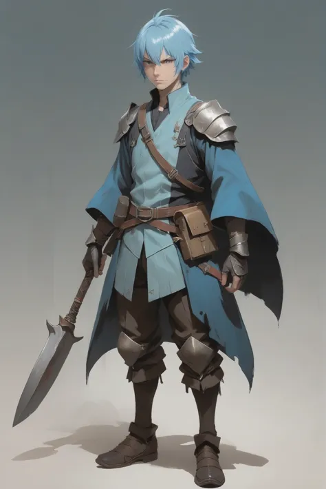 a man in blue and black outfit holding a sword and a blue cape