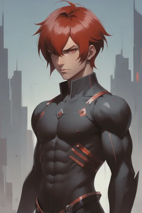 a man with red hair and a black suit standing in front of a city