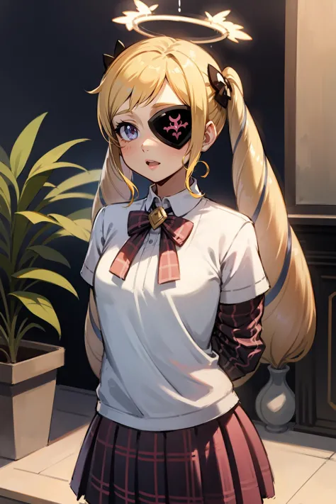 anime girl with long blonde hair and sunglasses standing in front of a plant