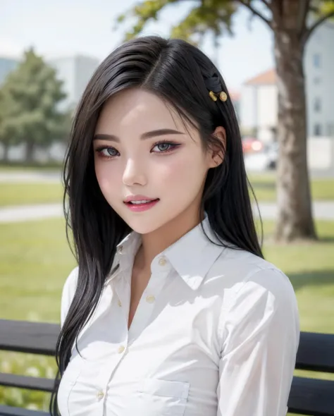 best quality, photorealistic, 8k, high res, full color, 1girl, woman, 20 years old woman, (smile), (skindentation), (portrait:0.6), trees, park bench, daylight, ((park background:1.52)), full color, ((whitebuttonedshirt:1.58)), looking at viewer:1.8, (1gir...