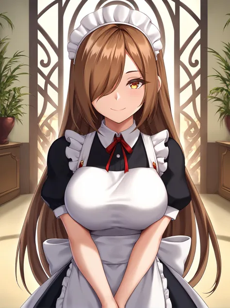 a close up of a woman in a maid outfit holding a cup