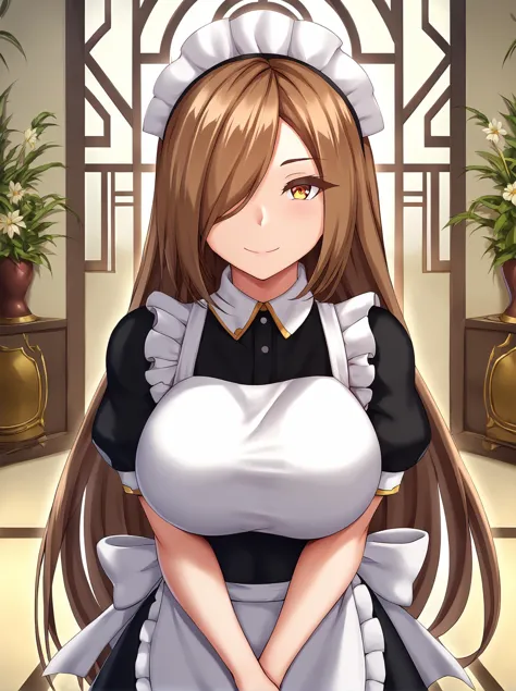 a woman in a maid outfit is holding a cup