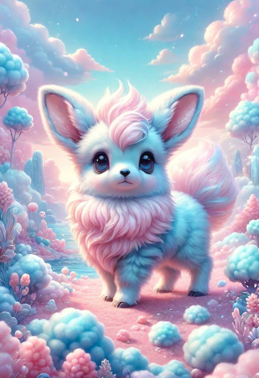 a cotton candy eevee, pastel cotton candy corals, underwater, extremely detailed, intricate details, cinematic lighting, masterpiece, best quality, high resolution,