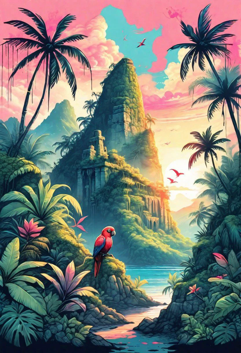 ink illustration, (masterpiece:1.2) detailed, bright natural lighting, shadows, high contrast, a tropical island with jungle and ancient ruins, lovebirds, mountain, majestic, in the caribbean, sunrise, trees, vines, overgrown, ink stains, ink splatters, ink runs, ink spots, faded ink, linquivera