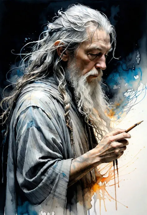 (silhouette:2), highly detailed linework reminiscent of Carne Griffiths, imbued with Wadim Kashim's bold texture, light and airy as Carl Larsson's compositions, gandalf the grey, motion, featuring Pascal Blanche-style hyper-realistic characters, pastel, elegance, dramatic lighting, expressive camera angle, matte, concept art, linquivera