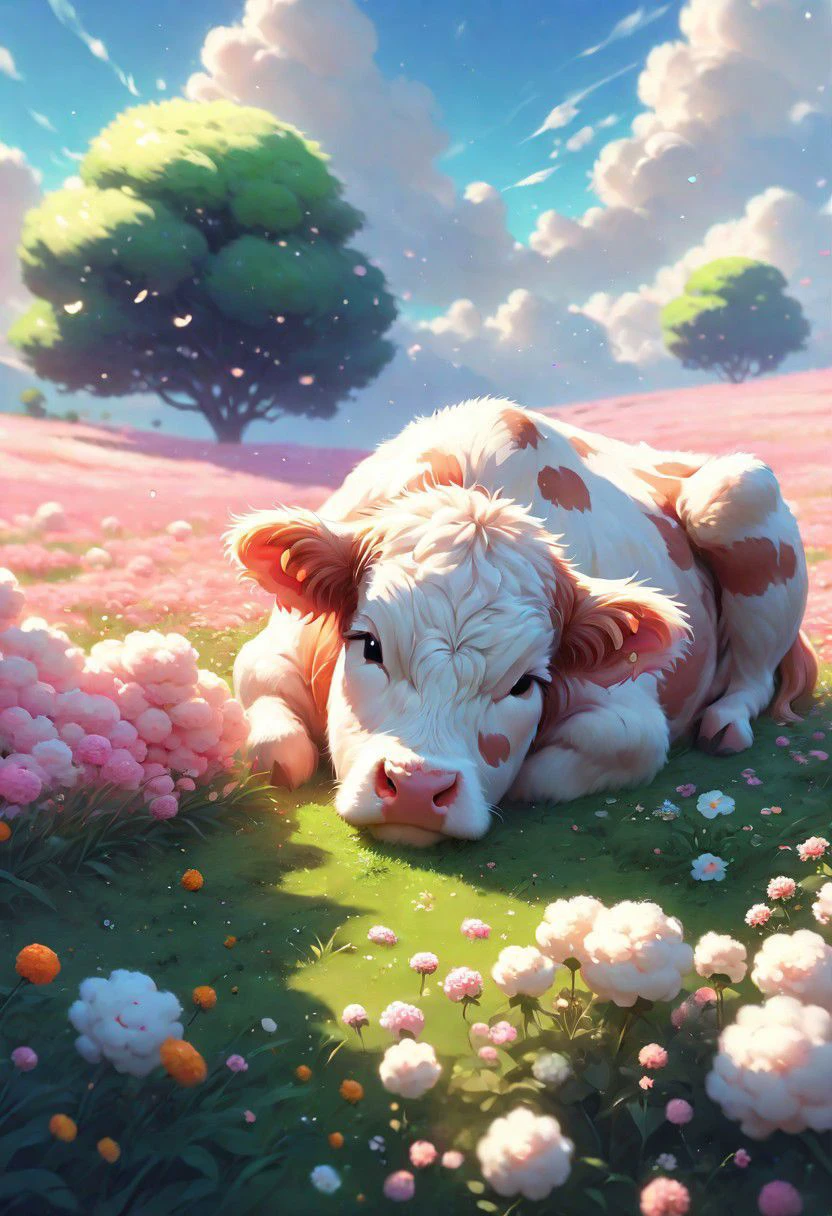 (Cute fluffy cow sleeping peacefully in a flower field), art by atey ghailan, painterly anime style at pixiv, art by kantoku, in art style of redjuice/necmi/rella/tiv pixiv collab, your name anime art style, masterpiece digital painting, exquisite lighting and composition, inspired by wlop art style, 8k, sharp, very detailed, high resolution, illustration