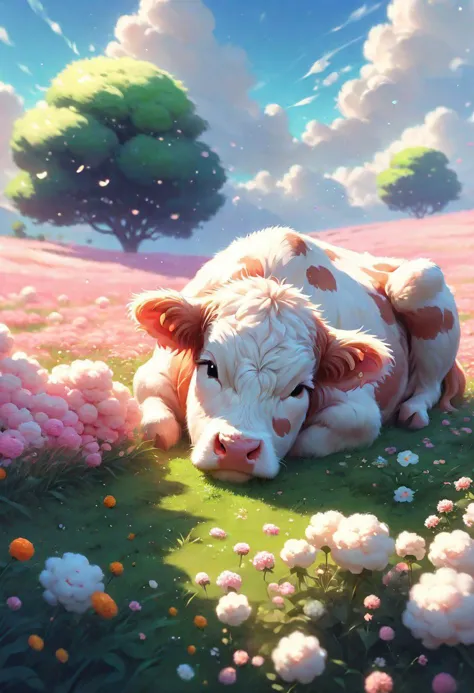 (Cute fluffy cow sleeping peacefully in a flower field), art by atey ghailan, painterly anime style at pixiv, art by kantoku, in...