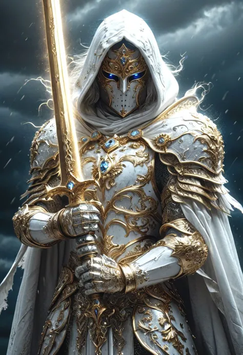 A stunning, highly detailed dark fantasy full body illustration of a proud angelical warrior wearing intricate medieval white HKStyle armor and an epic white ornamented mask, holding a great golden glowing sword, golden and blue glooming eyes, very wide shoulders, wearing big gauntlets, epic composition. The warrior stands heroic with a flowing cloak and white hood during a storm with foggy gloom, thunderclouds in the background . The scene depicts him with brooding emotional agony , style by Greg Rutkowski, by Milo Manara and Russ Mills, with insanely intricate details and textures, gloomy dramatic lighting, 8K resolution
HKStyle,
extremely detailed,
 ral-bling,