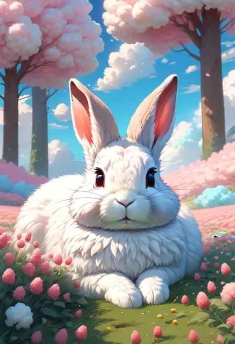 (Cute fluffy anatomically correct adult rabbit sleeping peacefully in a flower field), art by atey ghailan, painterly anime styl...