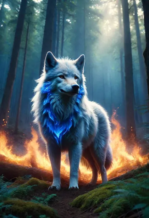 A royal flaming wolf emerging from a magical big forest, blue flames, front facing, portrait, closeup, dark, bokeh, dawn, god ra...