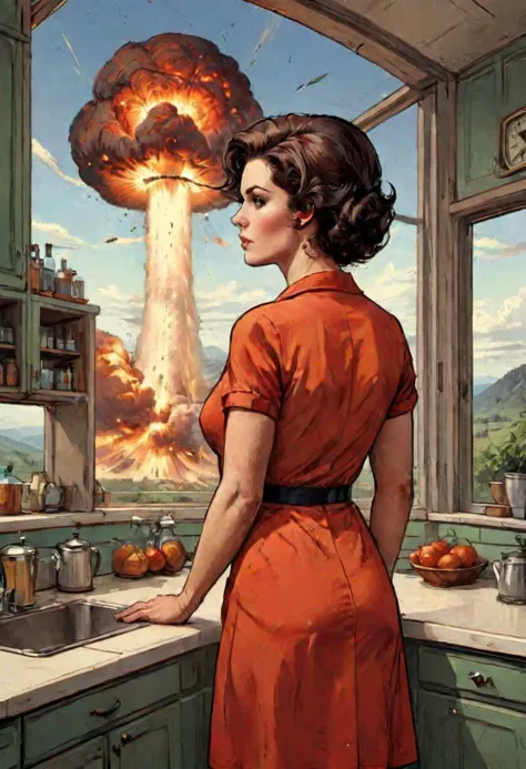 retro-style atomic woman from behind, standing in her kitchen, looking out the window at a giant explosion in the distance