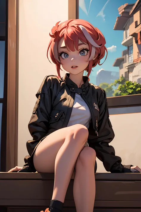 anime girl sitting on a bench with her legs crossed