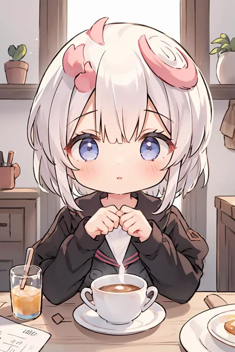 anime girl with white hair and pink bow sitting at a table with a cup of coffee