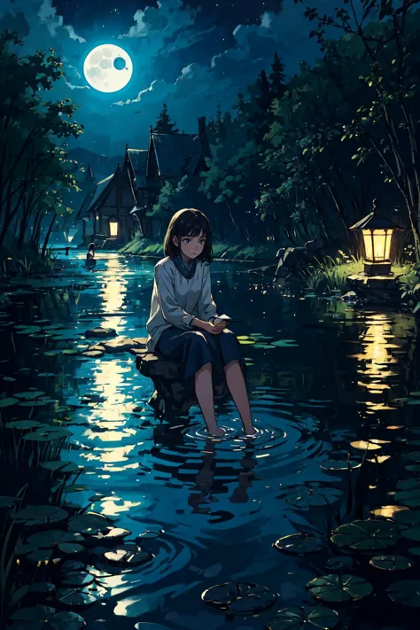 a girl sitting by a pond at night, dipping her feet in water, outdoors, moonlight,, <lora:epi_noiseoffset2:0.25>, <lora:more_det...