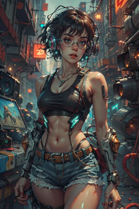 (photorealistic:1.4),official art,unity 8k wallpaper,ultra detailed,exquisitely detailed skin,(cinematic angle)(film grain:1.2)cinematic lighting,beautiful and aesthetic,dynamic lighting,masterpiece,best quality,glowing skin,cyberpunk,mechanical arms,(cyberpunk joints),(neon light),(cybernetic implants:1.2),(augmentations),(cyborg:1.2)(cowboy shot),,<lyco:GPTS5 Heavy_387306:0.6>,<lora:Steampunkcog:0.2>,<lora:nijiMecha:0.2>,<lora:epi_noiseoffset2:0.4> <lora:add_detail:0.2>,
1girl,short hair,slim body,medium breasts,narrow waist,tank top,high waist shorts,fishnet pantyhouse,a rock band lead singer,Heavy Metal,(playing a electric guitar:1.4),wearing a sunglasses,chain,silver,necklace,live house,fiery atmosphere,sexy,charming,(loudspeaker box:1.3),wire,cable tail,devil horn,dynatic pose,excited,
<lora:LowRa:0.4>,a small wooden toy,\(\(intricate details\)\),colorful details,iridescent colors BREAK,\(\(masterpiece best quality\)\),4k,ultra detailed,detailed lighting,\(\(inspired by Hayao Miyazaki\)\),official art,promotional art,composition,