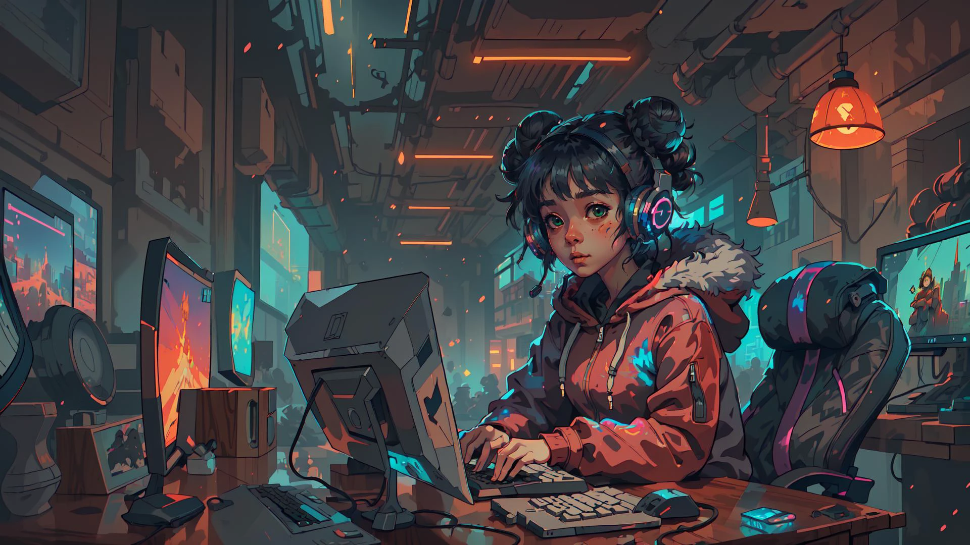 masterpiece,best illustration,solo,1girl,sitting,hair bun,keyboard \(computer\),fur trim,computer,monitor,hood,jacket,hood down,chair,headphones,city,double bun,instrument,cyberpunk, a small wooden toy,\(\(intricate details\)\),colorful details,iridescent colors BREAK,\(\(masterpiece best quality\)\),4k,ultra detailed,detailed lighting,\(\(inspired by Hayao Miyazaki\)\),official art,promotional art,composition,