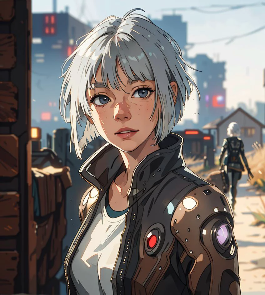 solo ,masterpiece, best quality, only face, countryside, country girl, silver hair, bob haircut, double exposure, wood house ,  dust and scratches, (cyberpunk clothes:1.2), (blurry background:1.4)