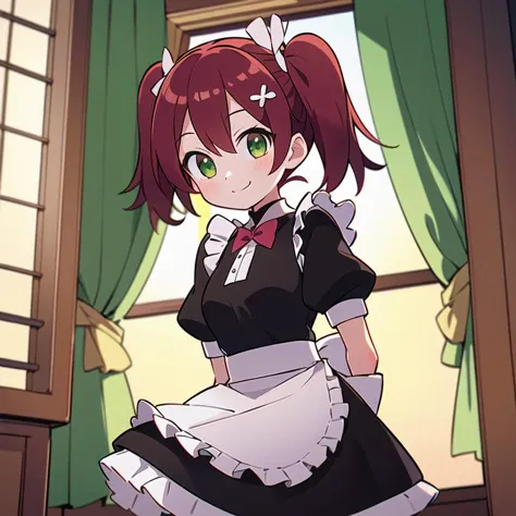 anime character dressed in maid outfit standing in front of window