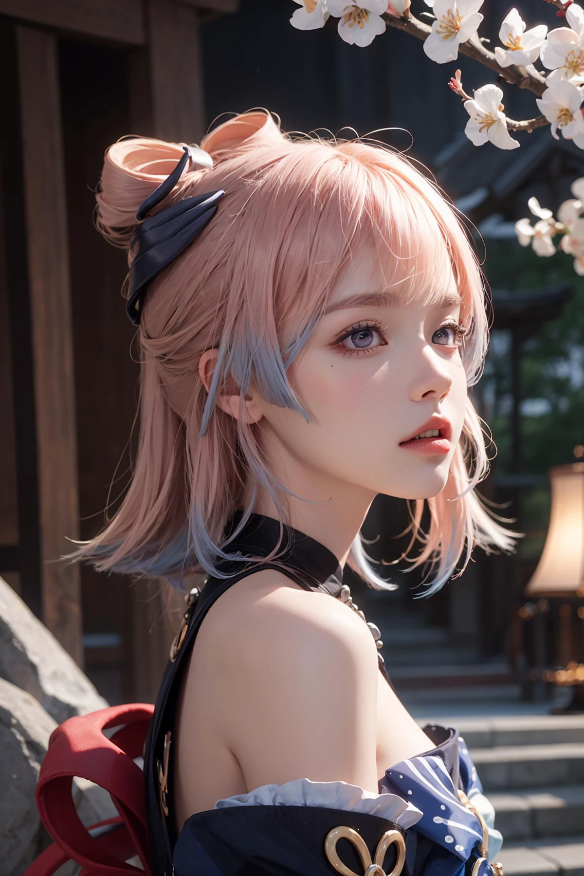 kokomidef, sangonomiya kokomi (genshin impact), bare shoulders, japanese clothes,
1girl,solo, short hair,realistic, pink hair,lips,profile,portrait,closed mouth,nose,from side, best quality, masterpiece, illustration, an extremely delicate and beautiful, extremely detailed ,CG,unity,8k wallpaper, Amazing, finely detail, masterpiece, best quality,official art,extremely detailed CG unity 8k wallpaper,absurdres, incredibly absurdres, huge filesize , ultra-detailed, highres, extremely detailed,beautiful detailed girl, extremely detailed eyes and face, beautiful detailed eyes,light on face,
outdoors, cherry blossom, shrine, outside, day