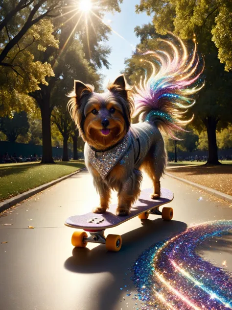 A dog riding a skateboard through a park, leaving a trail of ral-glitter in its wake. <lora:ral-glitter-sdxl:1>,<lora:EnvyBetterHiresFixXL01:0:hr=1>