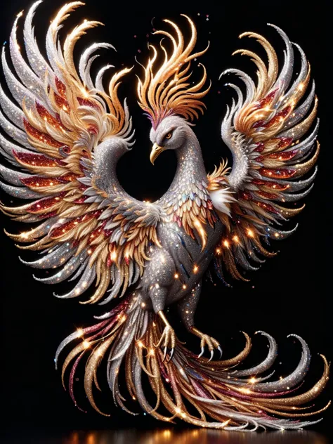 A ral-glitter phoenix rising from the ashes, its fiery plumage a brilliant display of sparkling colors, symbolizing rebirth and beauty <lora:ral-glitter-sdxl:1>,<lora:EnvyBetterHiresFixXL01:0:hr=1>