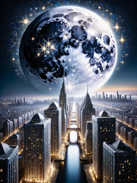 A metropolis of a city covered with ral-glitter glittering in the moon light <lora:ral-glitter-sdxl:1>,<lora:EnvyBetterHiresFixXL01:0:hr=1>