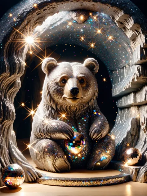 a close up of a bear statue with a star in the background