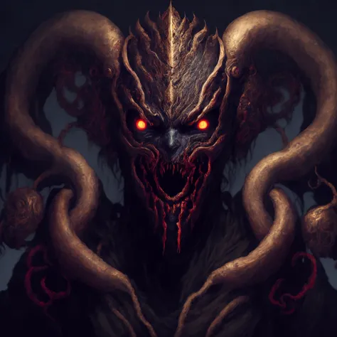 a close up of a demonic creature with red eyes and tentacles