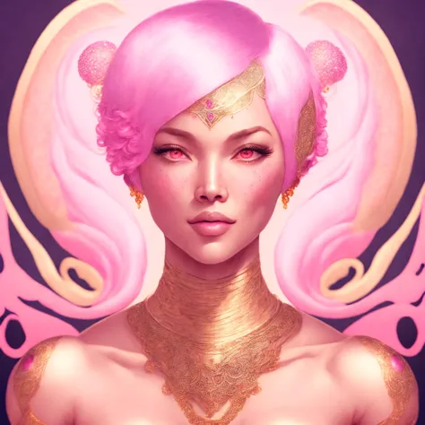 beautiful woman with pink bobcut hair and cleavage, intricate details, ornaments, art by gdsingld <lyco:gdsingld:1.0>