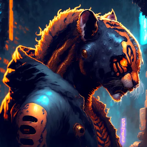 a close up of a tiger with a hood on in a city