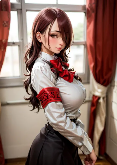 (masterpiece, best quality:1.1),  soft smile, cowboy shot, 1girl, mature, mitsuru kirijou, persona 3, school uniform, red eyes, solo, long hair, red hair, hair over one eye, gekkoukan high school uniform, large breasts, bow, armband, school desk, window, indoors, sunlight, curtains, depth of field, <lora:MITSURU-000010:1>  <lora:schoolBuildingScenery_test5Ep8:0.8>