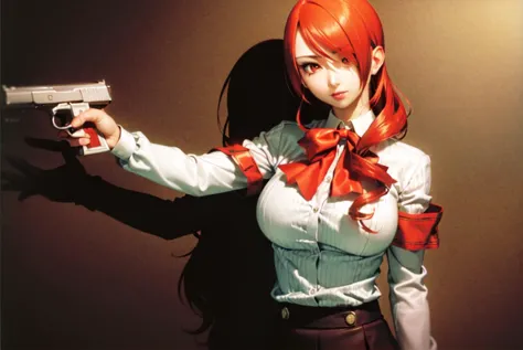 (masterpiece, best quality:1.1), (holding gun, arm down:1.4), 1girl, mature, mitsuru kirijou, persona 3, school uniform, red eye...