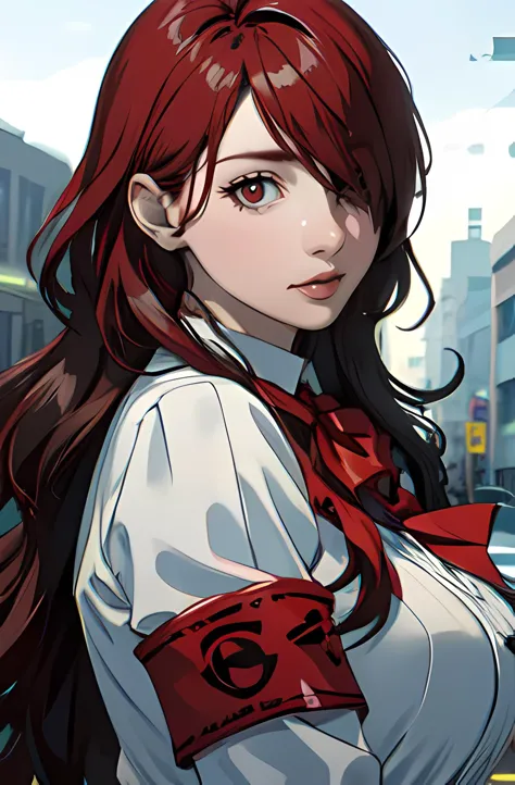 anime girl with red hair and white shirt in the street