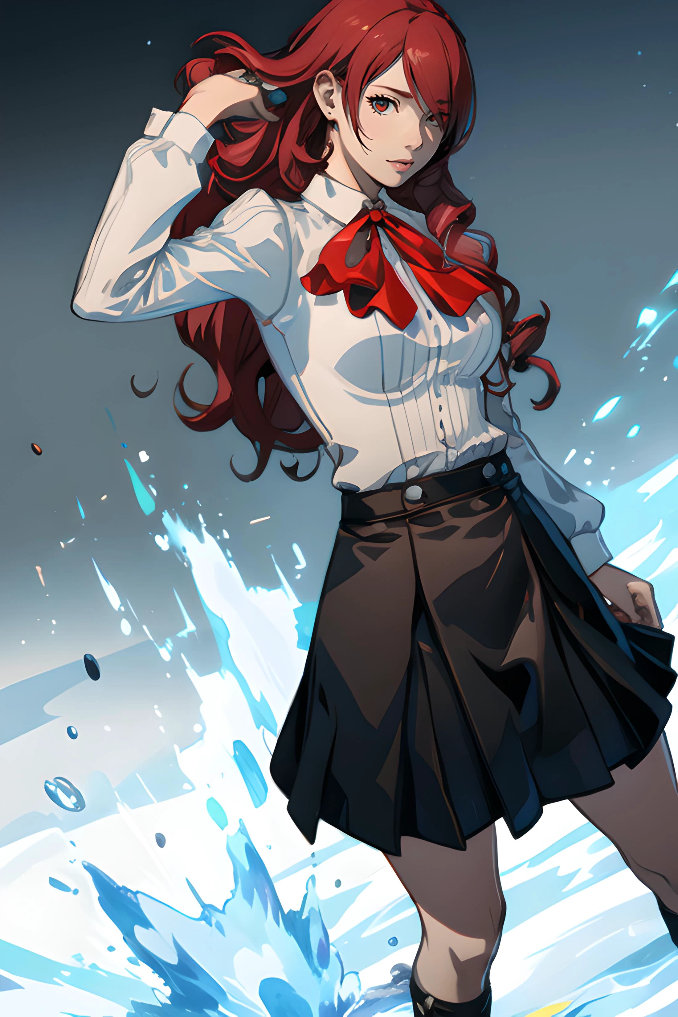 pistol , 
masterpiece, best quality,photorealistic,unreal engine, ultra_res, extremely detailed,
1girl, solo,   MITSURU KIRIJOU,PERSONA 3,
school uniform, red eyes, solo, long hair, red hair, hair over one eye, gekkoukan high , bow, armband,
black skirt,
blizzard effect, frozen effect, freeze magic,
slender,huge breasts,waist,
chilloutmix watching at viewer,
