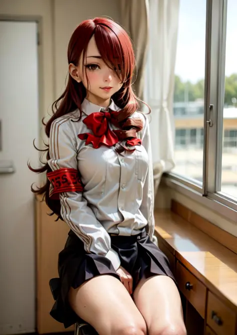 (masterpiece, best quality:1.1),  soft smile,  sitting, 1girl, mature, mitsuru kirijou, persona 3, school uniform, red eyes, sol...