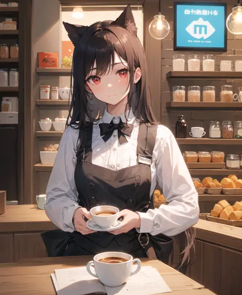 (masterpiece), (best quality), (intricate_details:1.1), (finely detailed:1.4), (distinct_image:1.2), (cafe background), solo girl, cute, (face focus), shiny red eyes/black hair, cat ears, vine, smooth lighting, shirt,