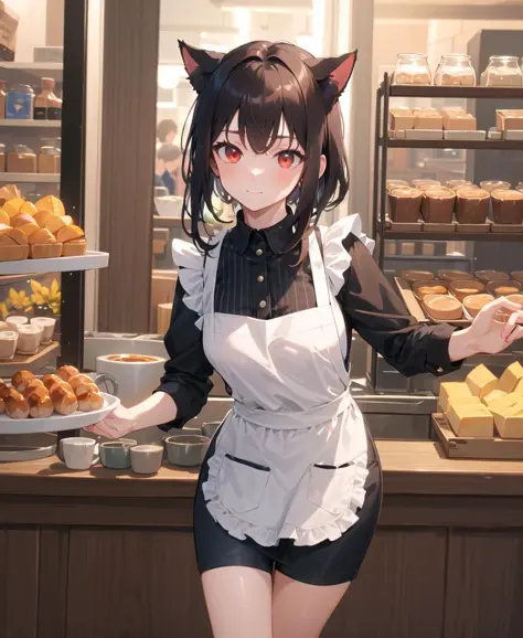 (masterpiece), (best quality), (intricate_details:1.1), (finely detailed:1.4), (distinct_image:1.2), (cafe background), solo girl, cute, (((face focus))), shiny red eyes/black hair, cat ears, (thick thighs:0.85), (medium breasts), shirt, [[tight waiter pants]], apron, arms behind back,