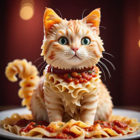 cinematic film still cat made from pasta, marinara sauce, lasagna fur<lora:MMM_Pasta:0.8>, standing . shallow depth of field, vi...