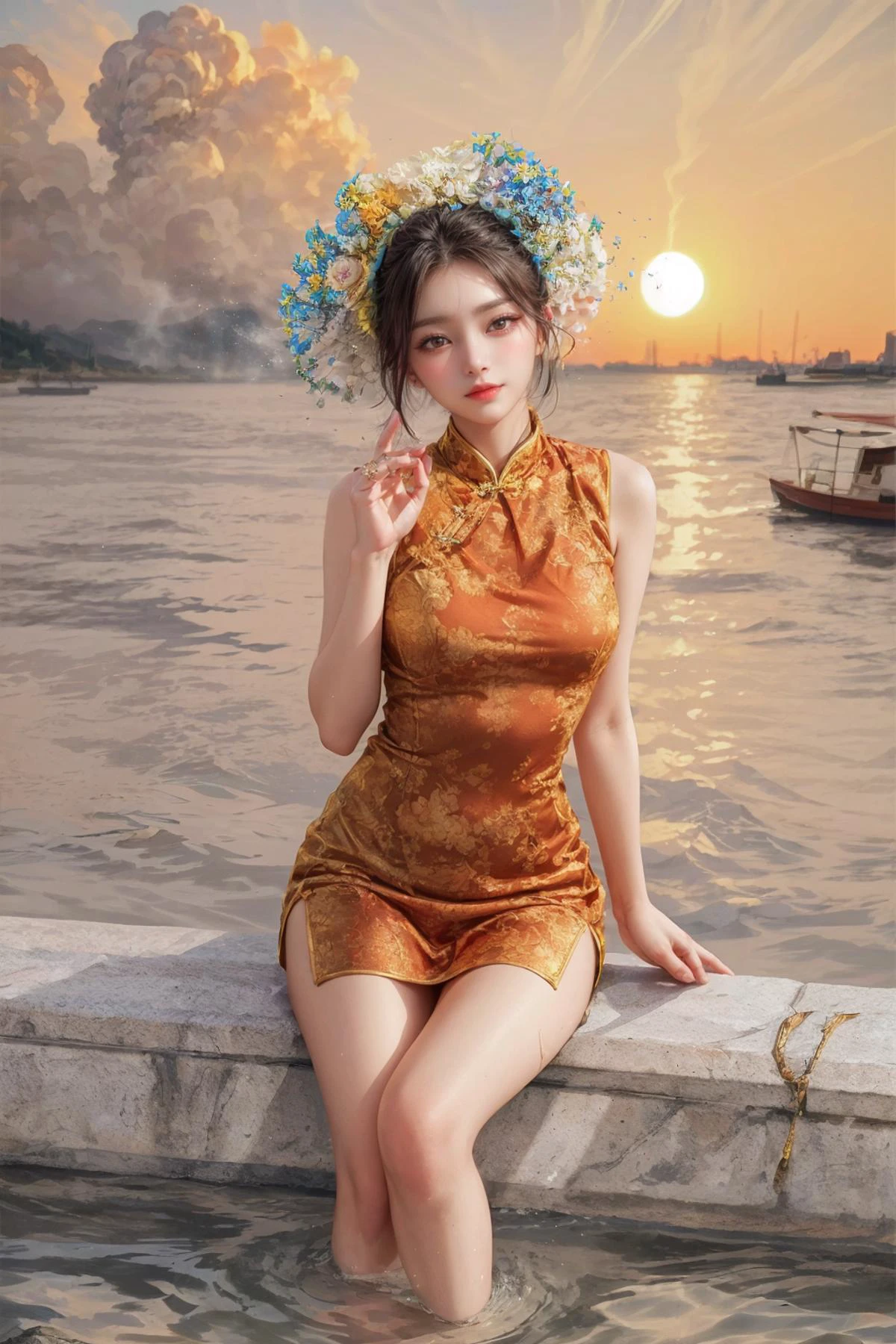 realistic, photorealistic, best quality, masterpiece, ultra high res, finely detailed, quality, realistic lighting, detailed skin, intricate details, raw photo, absurdres, highres, ultra detailed, BREAK, 1girl, solo, looking at viewer, 16 years old, poster, portrait, detailed background, detailed face, (Girl sitting at the harbor, (feet in the water), partially underwater shot, feet submerged in water, fish in the water, ocean, morning, sunrise background, bright blue sky and sunlight, windy day, nice hands:1.4), (xunpu, chinese clothes, red dress, flower print, hair flower, sexy:1.5), large breasts, (skinny, slim_legs, model pose:1.3), (smile, blush, Pink lips, Glowing red Eyes, perfect face, detailed pupils, Makeup:1.1), reflection, (refraction:1.4), (Rembrandt lighting:1.3), (dark studio, rim lighting, two tone lighting, dimly lit, low key), (lens flare, light particle, lens glare:1.3), (watercolor style, soft blending, dreamy washes, delicate textures, brilliant colors, action painting, gestural marks, dynamic brushwork, expressive motion, spontaneous technique, abstract expressionism, energetic compositions, action pose, vibrant glow, dynamic colors, reflective surfaces, girly style, delicate accessories, Overdetailed art, Water color painting:1.1), (Clouds, Serenity:1.2), (explosive light and shadow:1.3), (hand of Guido Daniele:1.5), (sexy, slim, light particles, wallpaper, chromatic aberration:1.2), (beautiful view, misty atmosphere, solitary:1.4), (atmosphere, Cosy:1.2), (depth of field:1.4), (ornaments detailed, flying splashes, flying petals, bloom, bloom effect, water reflection:1.3), (long legs:1.3), (Glowing ambiance, enchanting radiance, luminous lighting, ethereal atmosphere, mesmerizing glow, evocative hues, captivating coloration, enchanting aura, melanchonic soft light:1.4), (outdoors, landscape, breeze, ethereal, scenery, nature, wind:1.2),  (colorful refraction, iridescent colors, Iridescence:1.2), (Luminescent Particles:1.3), half body, (eye focus,  face focus, character focus, close-up face:1.3), (dynamic pose, dynamic angle, dutch angle,  cowboy shot:1.4), official art, beautiful and aesthetic, beautiful, (zentangle, mandala, tangle, entangle), (ecstasy of flower:1.2), the most beautiful form of chaos, elegant, a brutalist designed, vivid colours, romanticism, atmospheric, warm tone, soft light, (narrow waist:1.4), (fractal art), floating particles, particles, BREAK, loop lighting, equirectangular 360, Gel lighting, film grain, film, delicate, anime key visual, Ultrarealistic, Peaceful, Hopeful, rim light, Detailed illustration, Lens Flare, short lighting, layered textures, sketch, moody lighting, extremely detailed CG Unity 8k wallpaper, dramatic lighting, specular lighting, cinematic, dramatic, broad lighting, Circular polarizer, drawing, close up, key visual, PBR Texturing, Anisotropic Filtering,  Albedo And Specular Maps, Multi-Layered Textures, Surface Shading, Sub-Pixel Convolution, Accurate Simulation Of Light-Material Interaction, blurry foreground, volumetric light effect, volumetric lighting, Tone Mapping, Lumen Reflections, Global illumination, Ray Tracing, Screen Space Global Illumination, Accent Lighting, volumetric, Rule of thirds, high dynamic range, Multi-exposure HDR capture, atmospheric perspective, aerial perspective, dynamic lighting, atmospheric depth, huge filesize, 8k uhd, analog, specular highlights, atmospheric lighting, sharp focus, perspective, ambient occlusion, subsurface scattering, photon mapping, octane render, unreal engine 5, radiosity, sharp, diffuse lighting, high resolution scan, professionally color graded, automatic white balance, BREAK, 