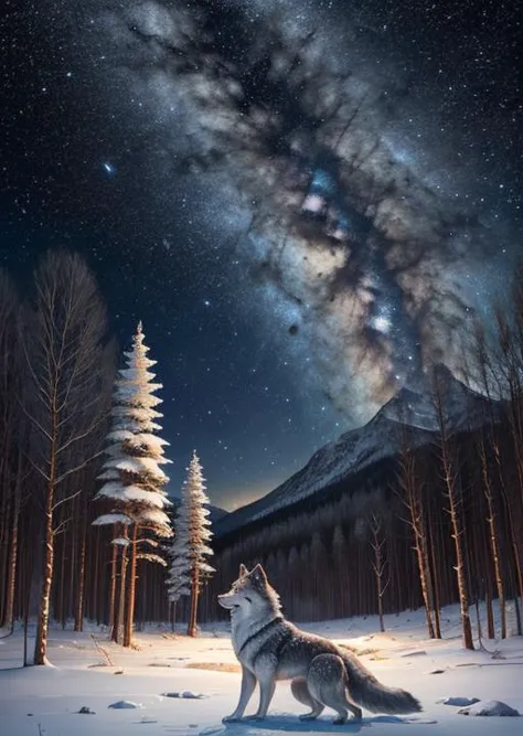 frozen forest, (cute),animal focus,night, starry sky, wolf,