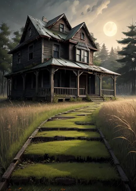 abandoned house, broken planks, moss, broken steps, unkempt yard, tall grass, weeds, terror,night,horror (theme),