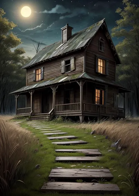 a painting of a house with a wooden walkway leading to it