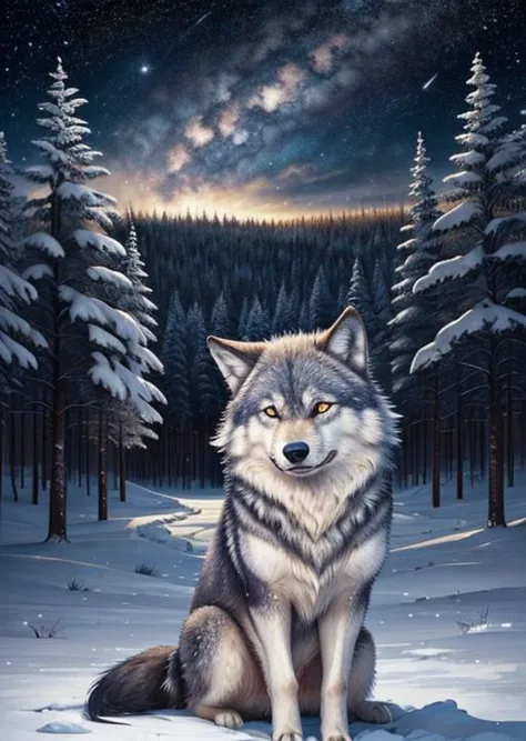 a painting of a wolf sitting in the snow with trees in the background