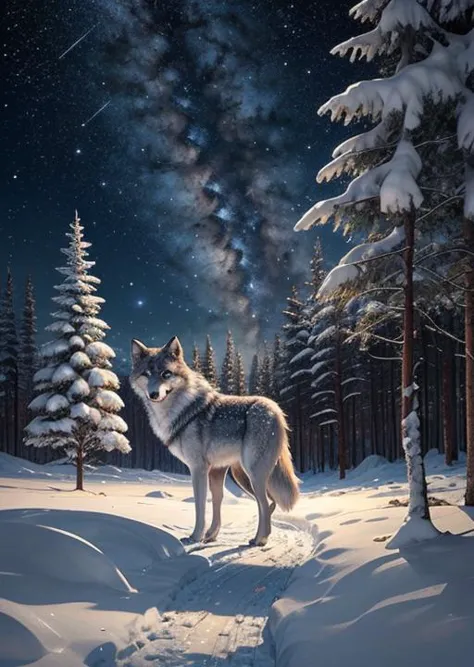 frozen forest, (cute),animal focus,night, starry sky, wolf,