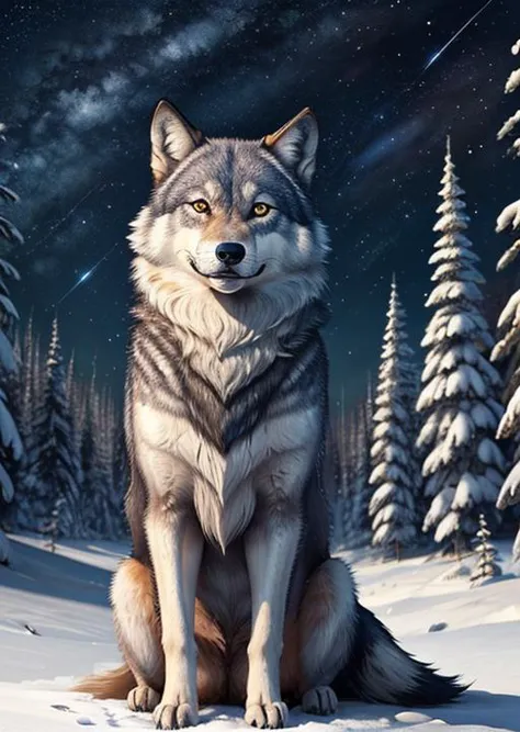 frozen forest, (cute),animal focus,night, starry sky, wolf,