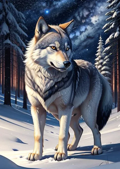 wolf in the snow with a starry sky background