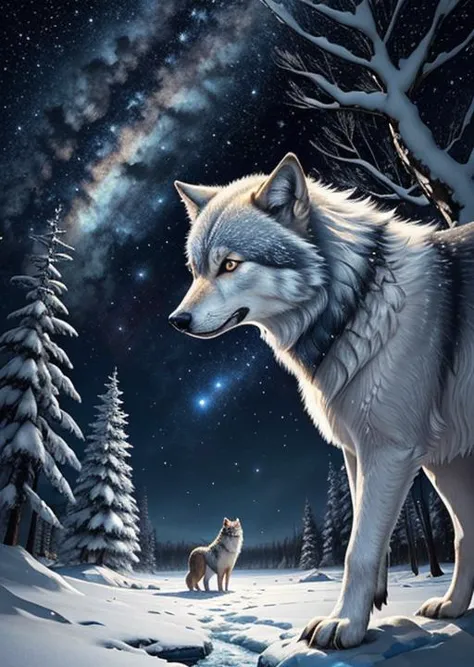 a painting of two wolfs standing in the snow near trees