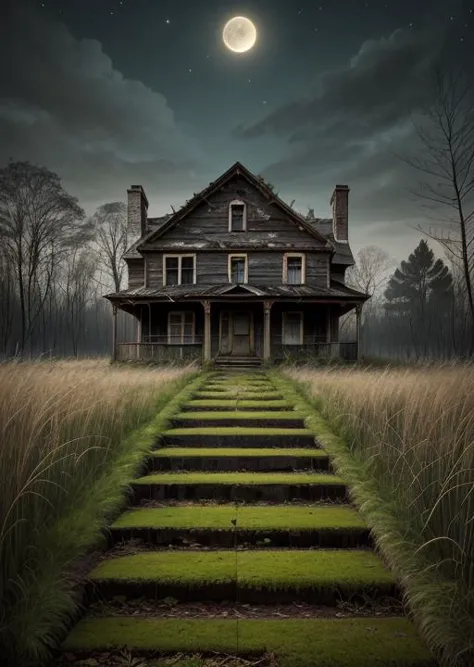 a house with steps leading to a grassy field under a full moon