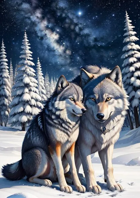 two wolves sitting in the snow with trees in the background